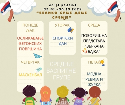 Дечија недеља, од 2. до 8. октобра 2023. године има слоган " Врлико срце деце Србије "